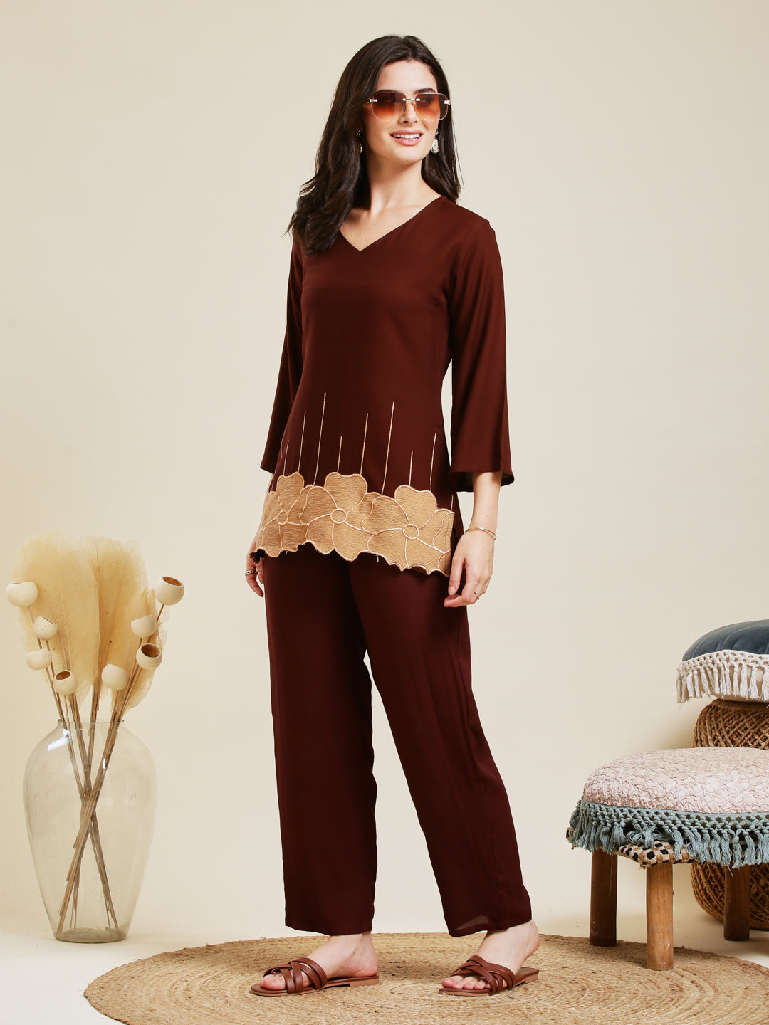 Coffee Rayon Embroidered Co-ord Set for Women