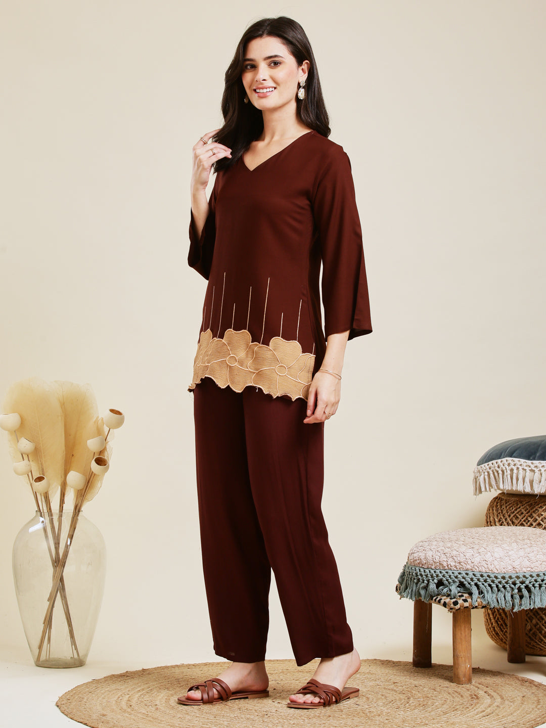 Coffee Rayon Embroidered Co-ord Set for Women