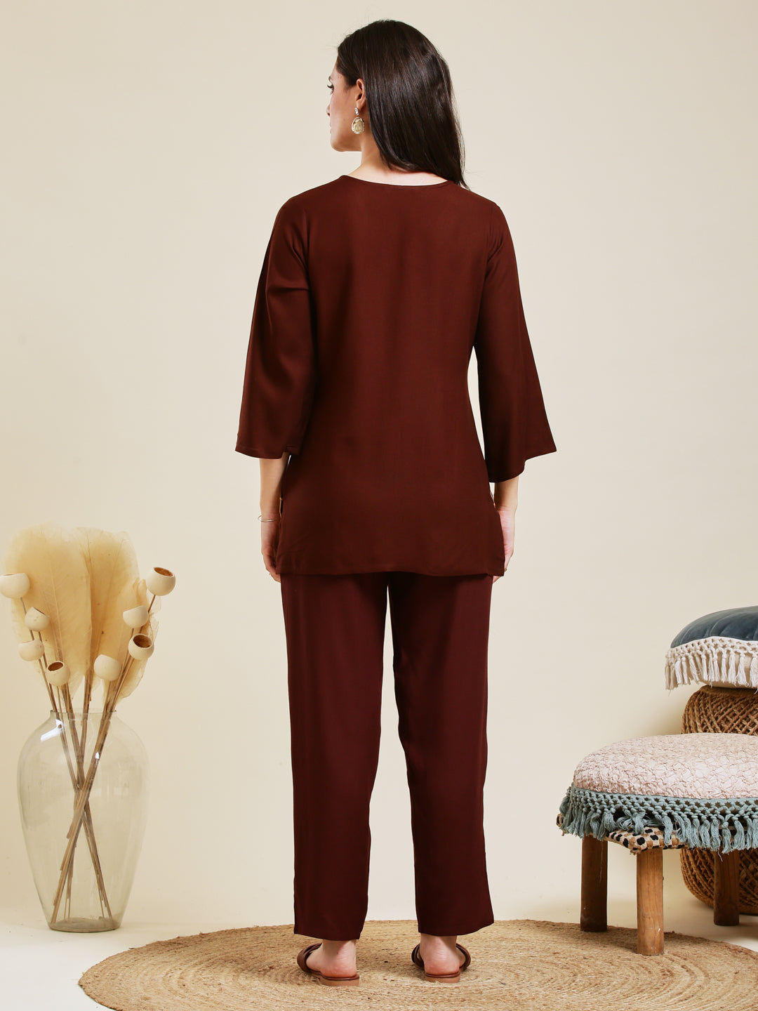 Coffee Rayon Embroidered Co-ord Set for Women