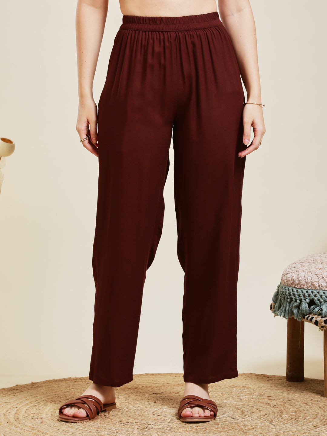 Coffee Rayon Embroidered Co-ord Set for Women