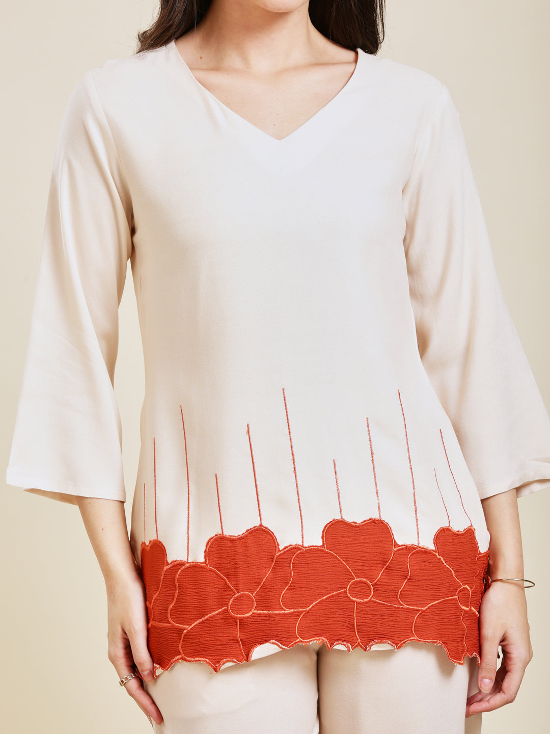 Off White Rayon Embroidered Co-ord Set for Women