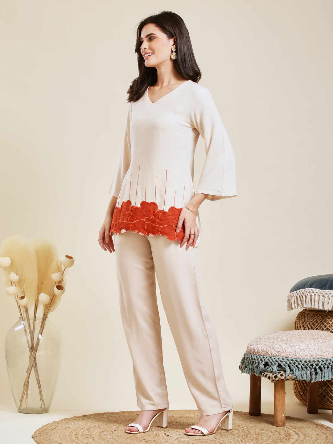 Off White Rayon Embroidered Co-ord Set for Women