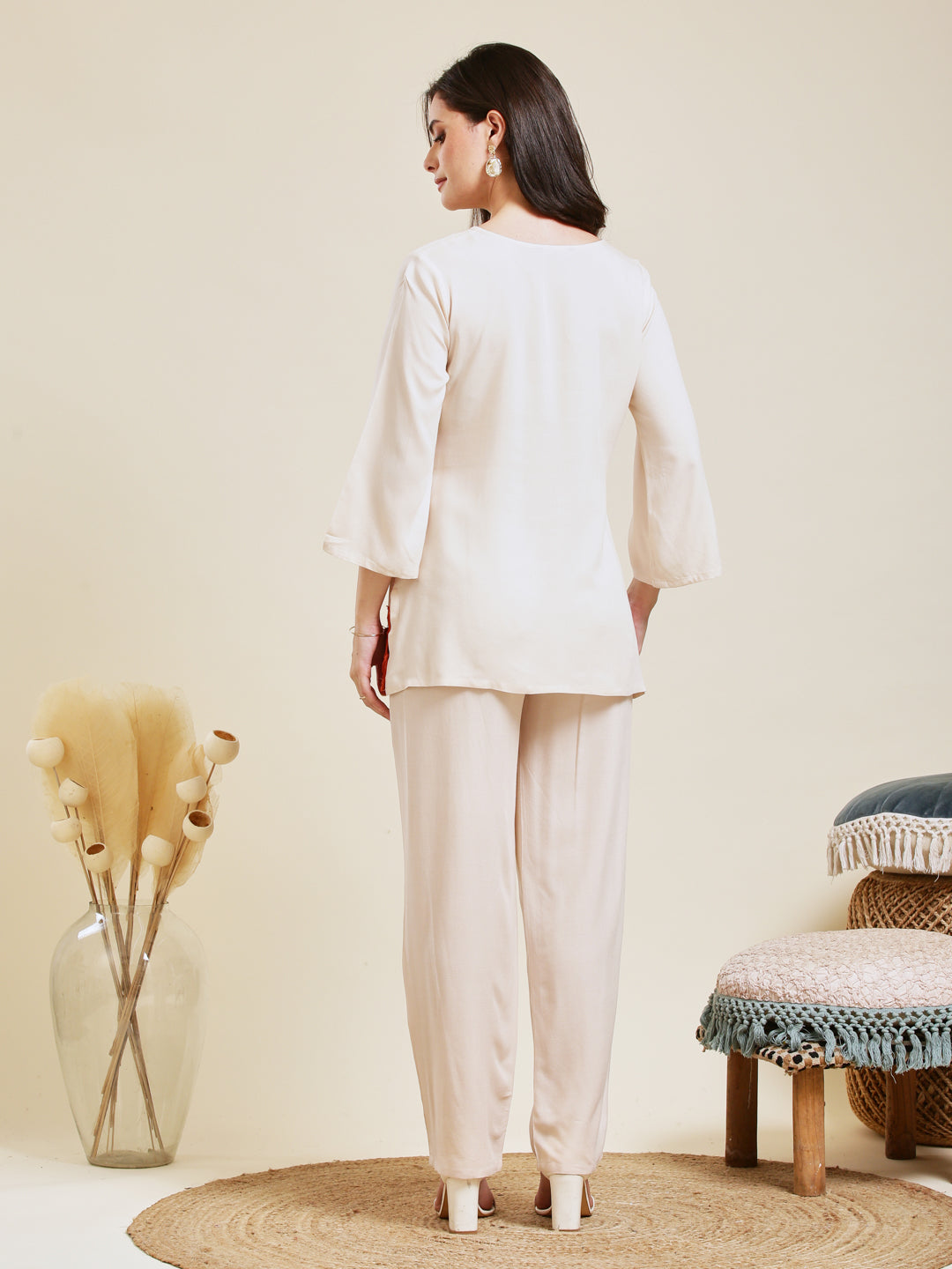 Off White Rayon Embroidered Co-ord Set for Women