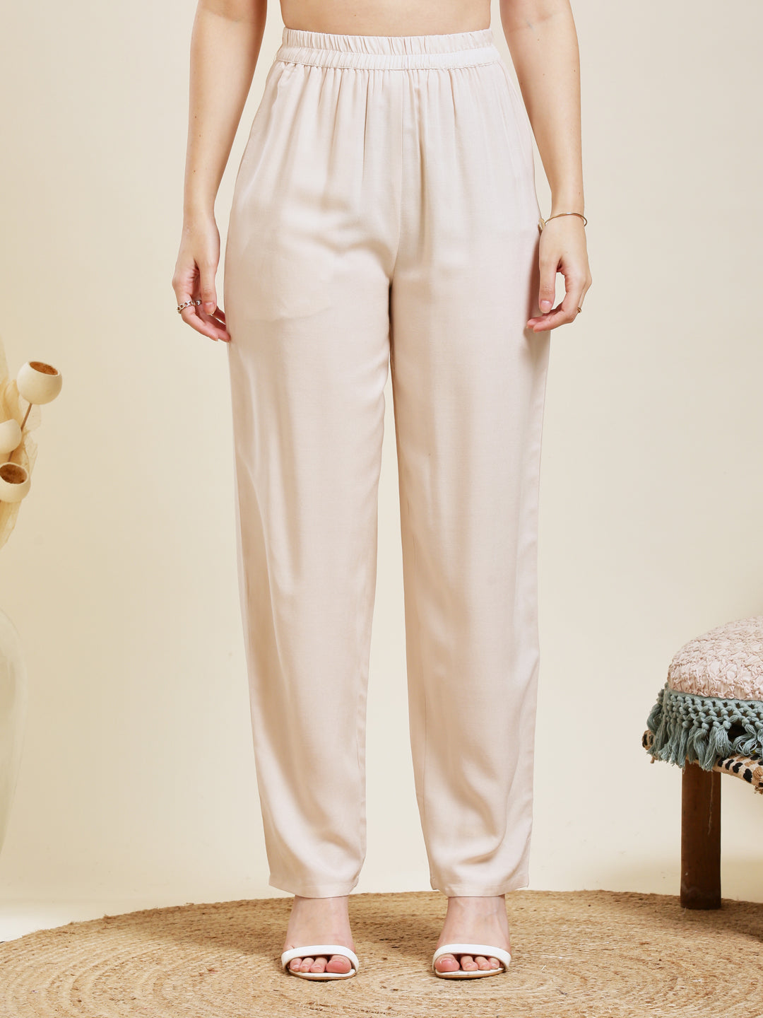 Off White Rayon Embroidered Co-ord Set for Women