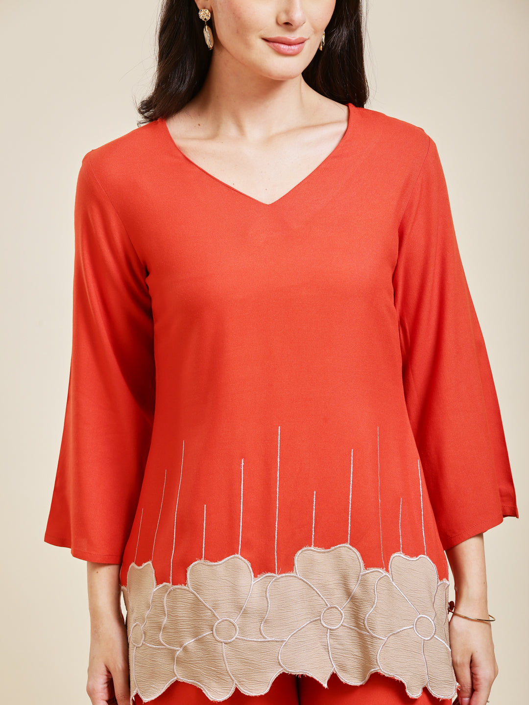 Orange Rayon Embroidered Co-ord Set for Women