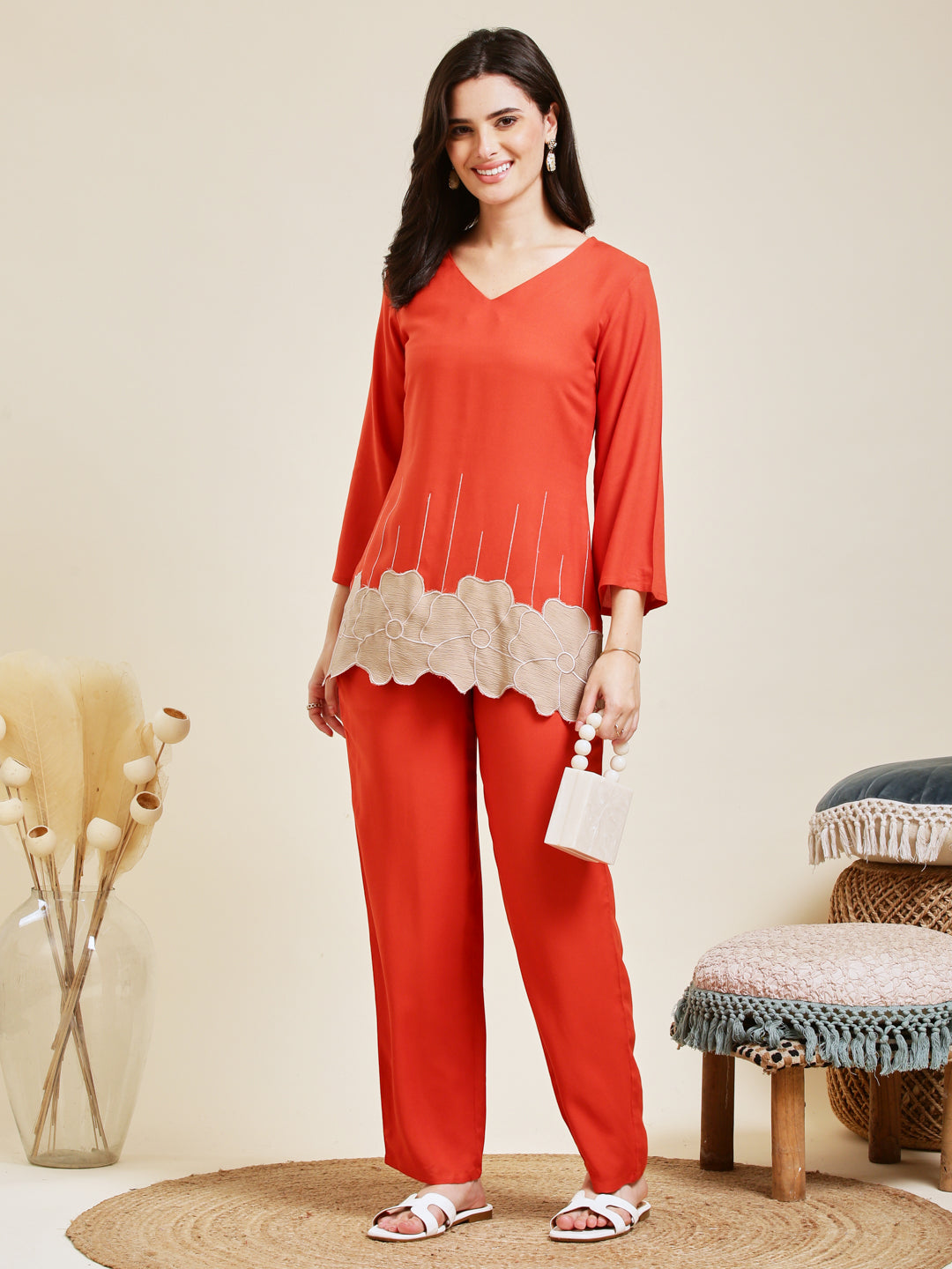 Orange Rayon Embroidered Co-ord Set for Women