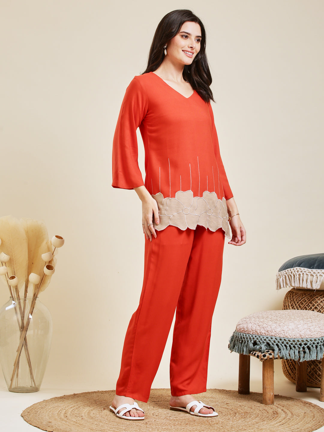 Orange Rayon Embroidered Co-ord Set for Women