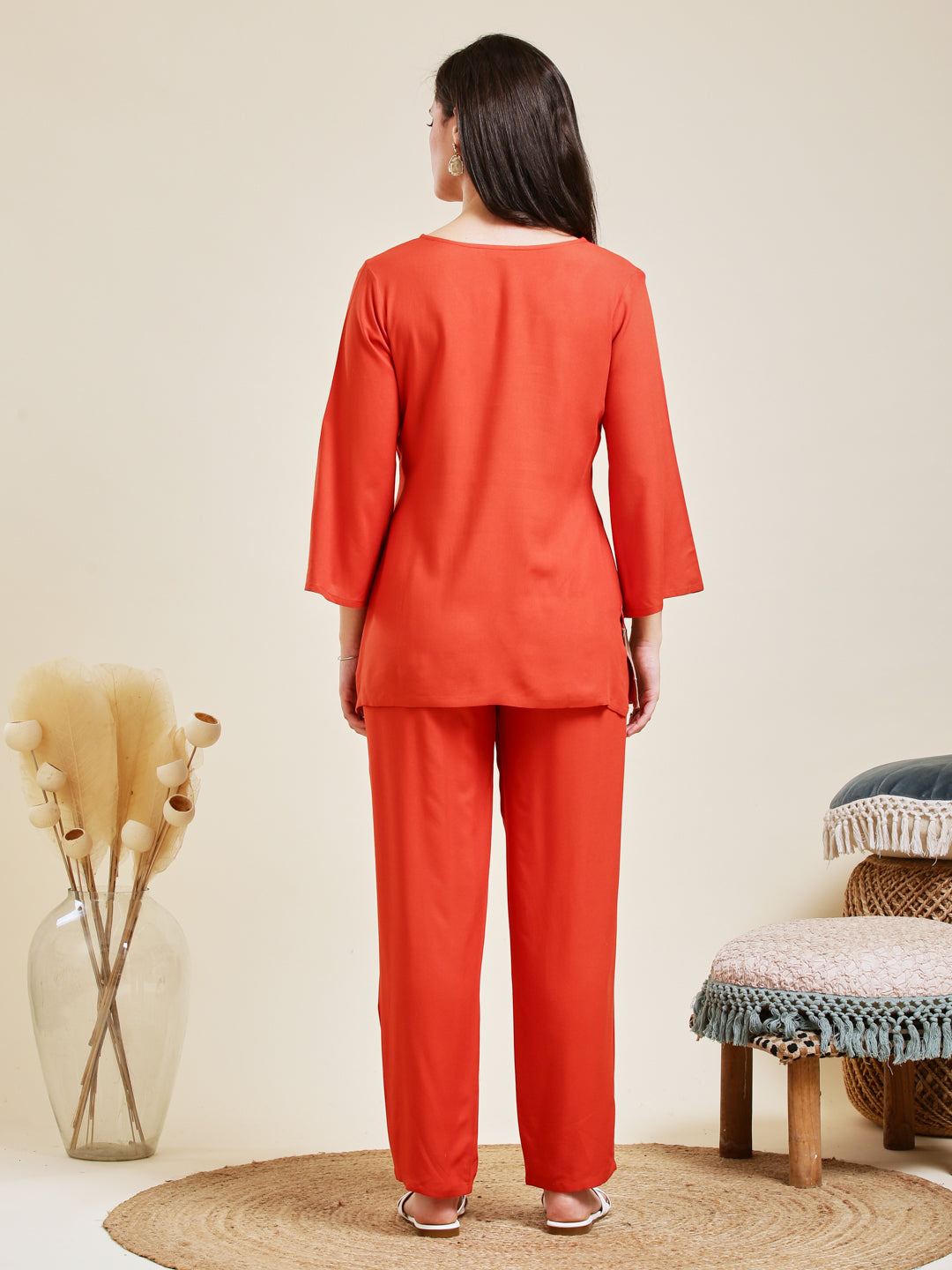 Orange Rayon Embroidered Co-ord Set for Women