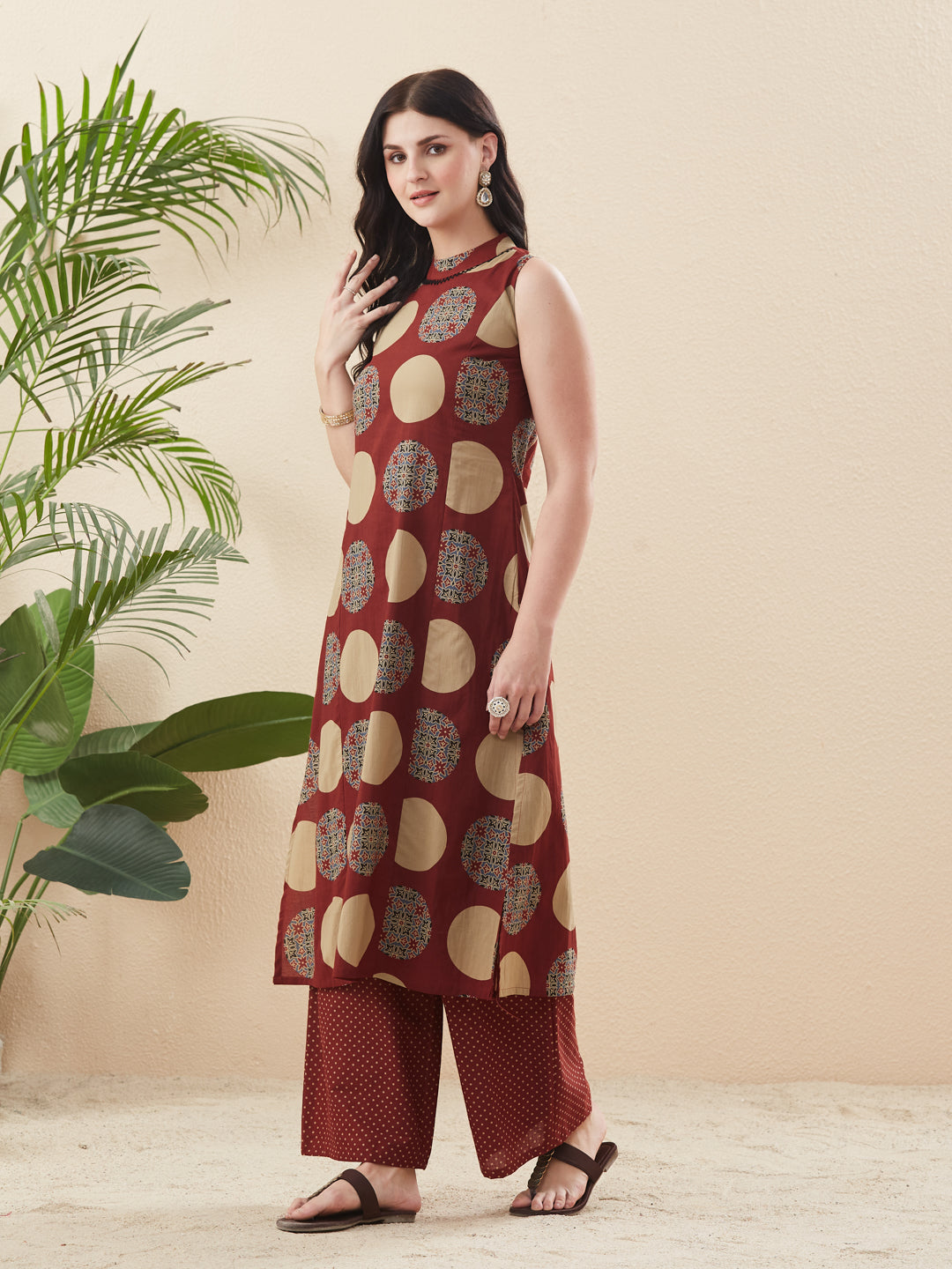 Women’s Maroon Cotton Printed Straight Co-ords Set