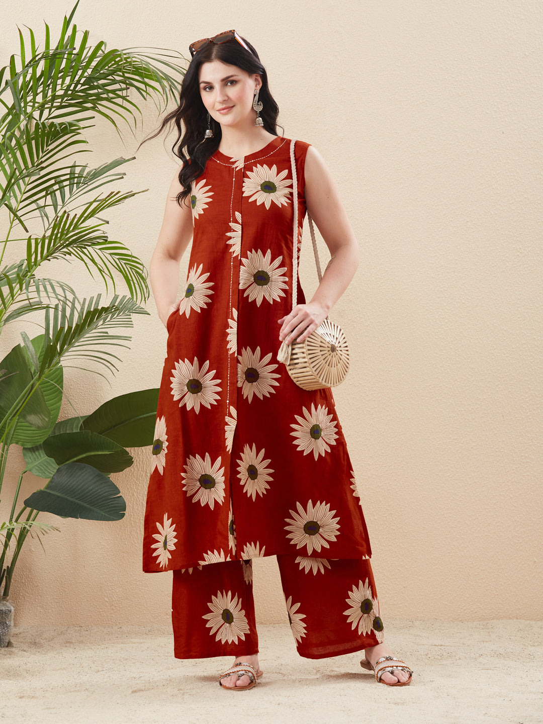 Orange Cotton Handwork Floral Printed Kurta Palazzo Co-Ord Set