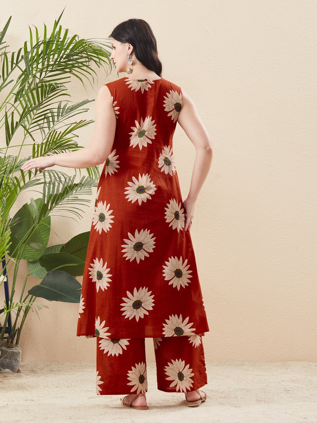 Orange Cotton Handwork Floral Printed Kurta Palazzo Co-Ord Set