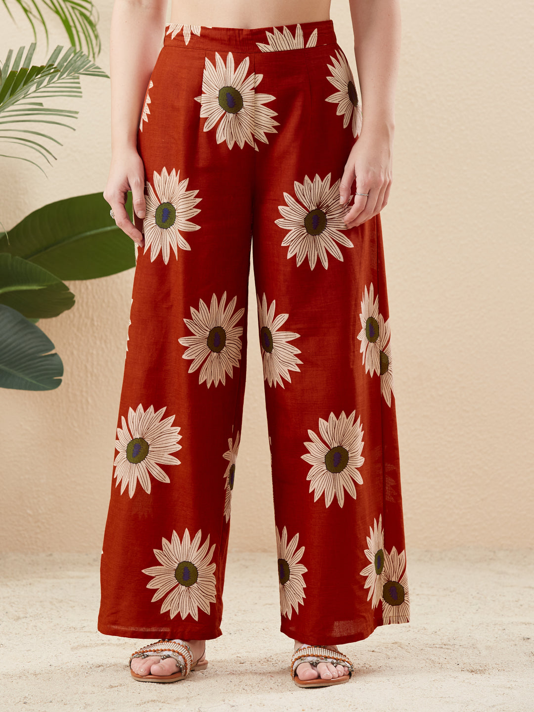 Orange Cotton Handwork Floral Printed Kurta Palazzo Co-Ord Set