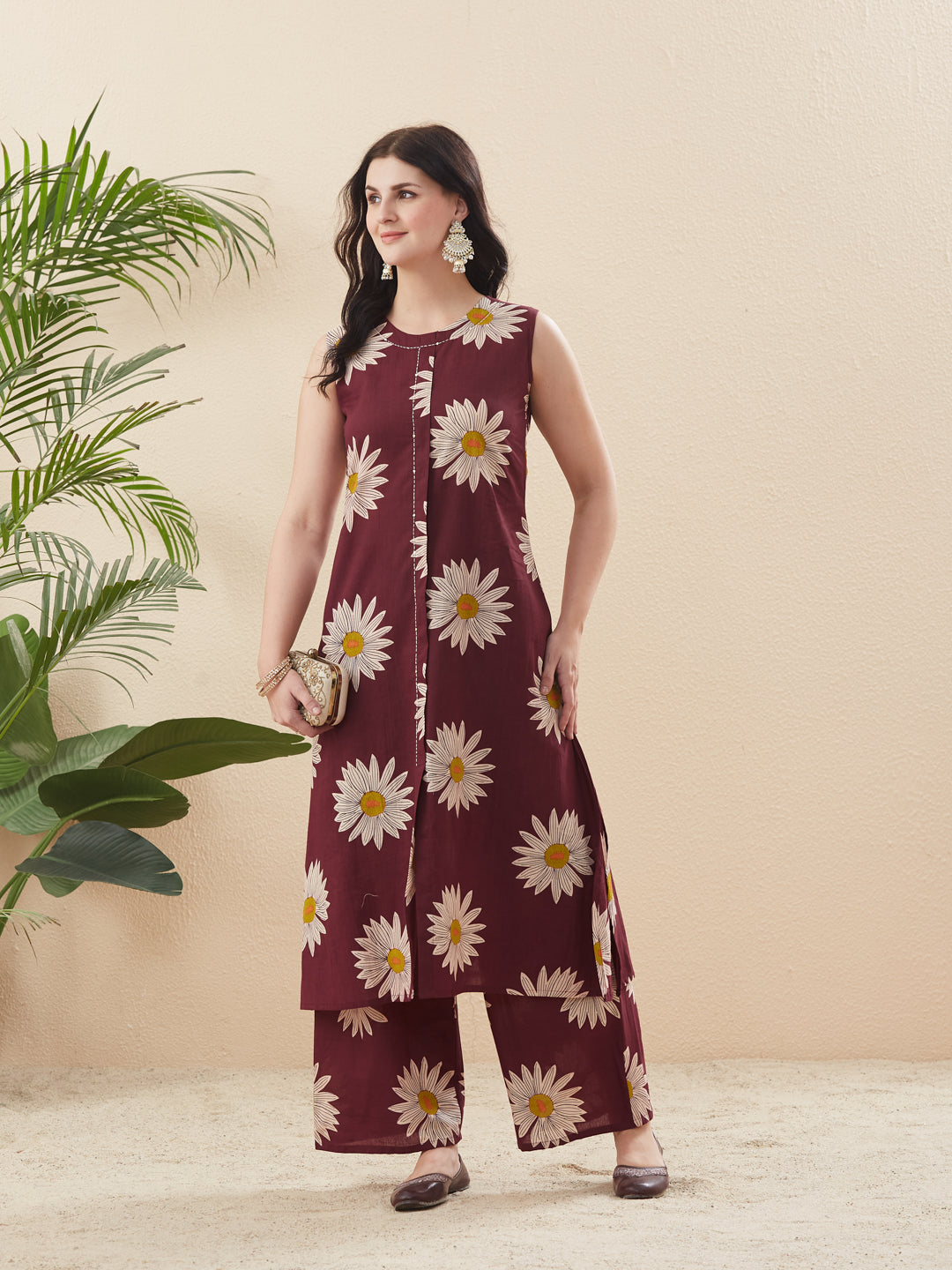 Trendy Berry Cotton Handwork Bloom Floral Kurta Palazzo Co-Ord Set For Women