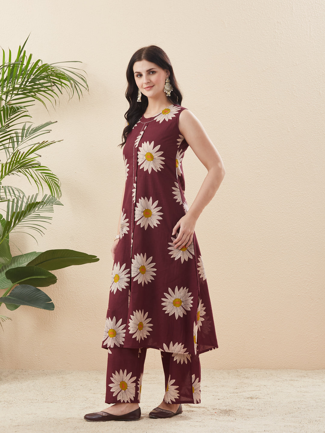 Trendy Berry Cotton Handwork Bloom Floral Kurta Palazzo Co-Ord Set For Women