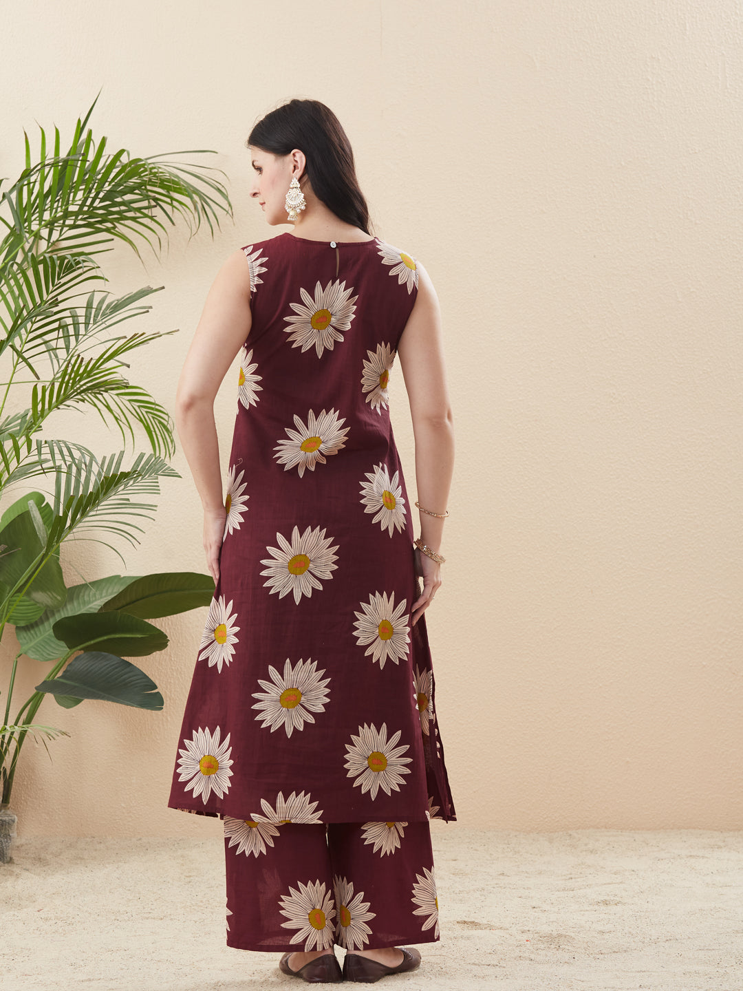Trendy Berry Cotton Handwork Bloom Floral Kurta Palazzo Co-Ord Set For Women