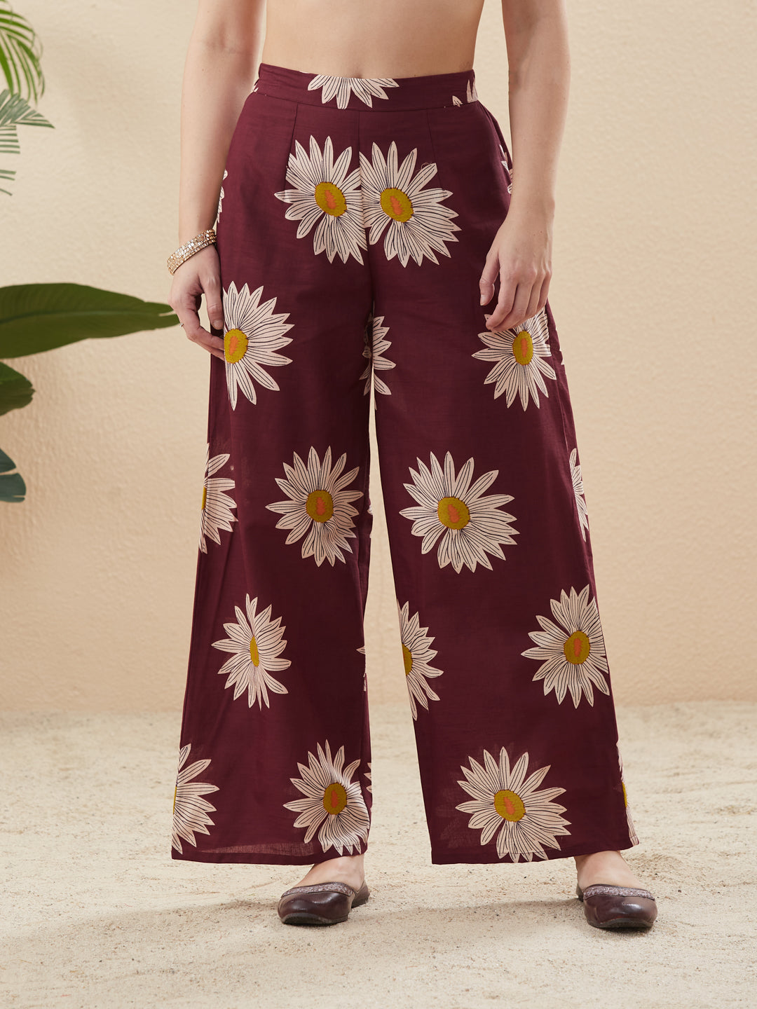 Trendy Berry Cotton Handwork Bloom Floral Kurta Palazzo Co-Ord Set For Women