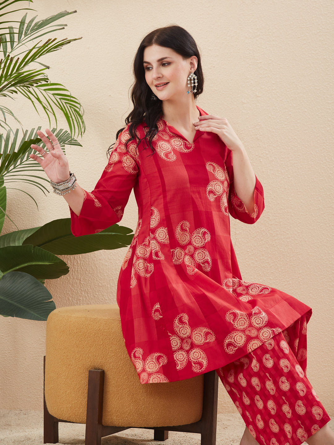 Red Cotton Printed A-Line Kurta Palazzo Co-ord Set for Women