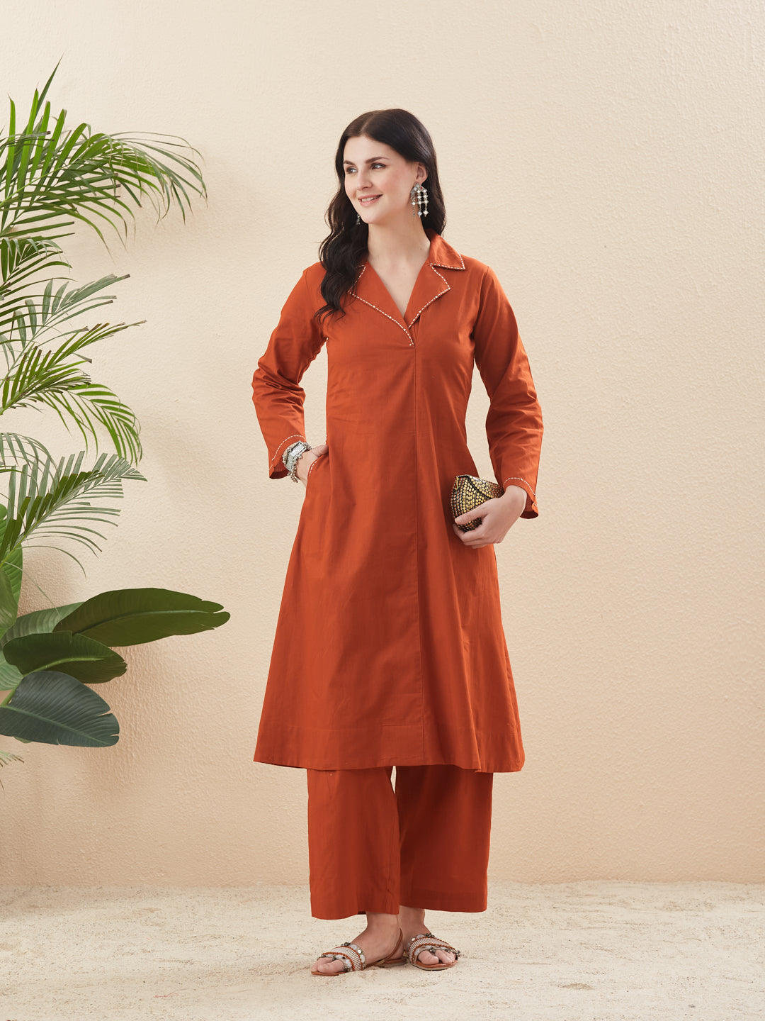Orange Cotton Solid Handwork Kurta & Palazzo Co-Ord Set for Women