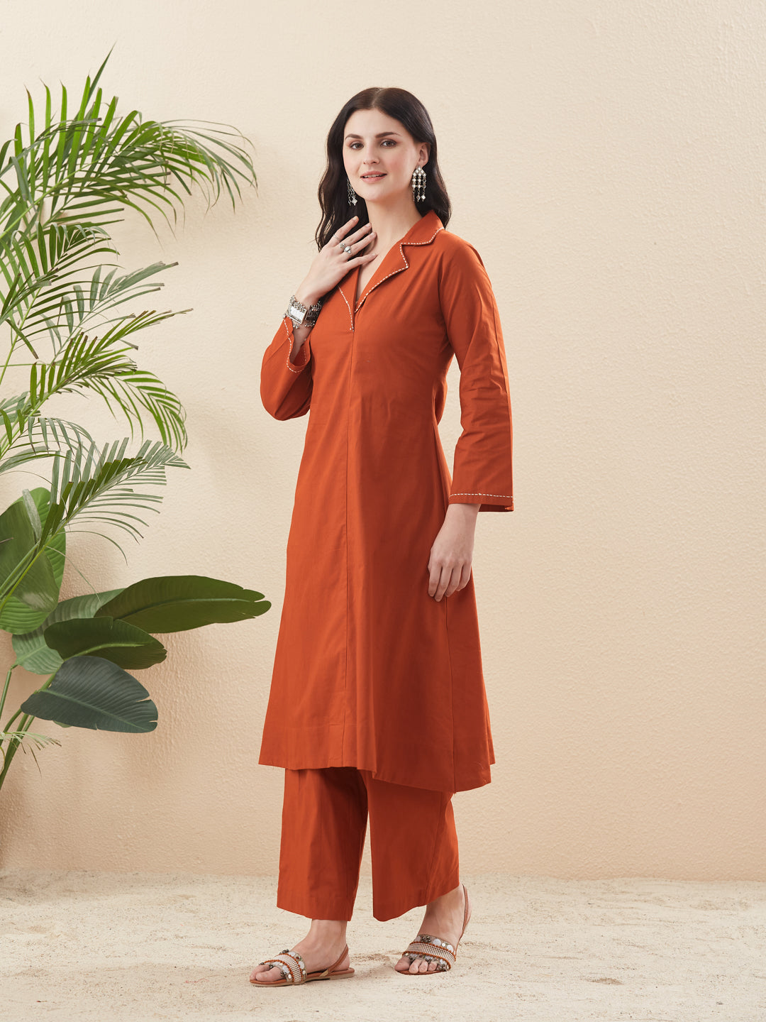 Orange Cotton Solid Handwork Kurta & Palazzo Co-Ord Set for Women
