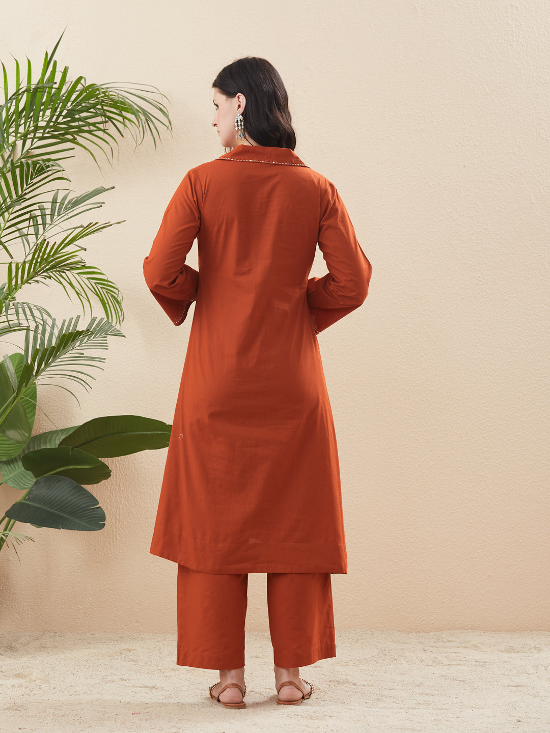 Orange Cotton Solid Handwork Kurta & Palazzo Co-Ord Set for Women