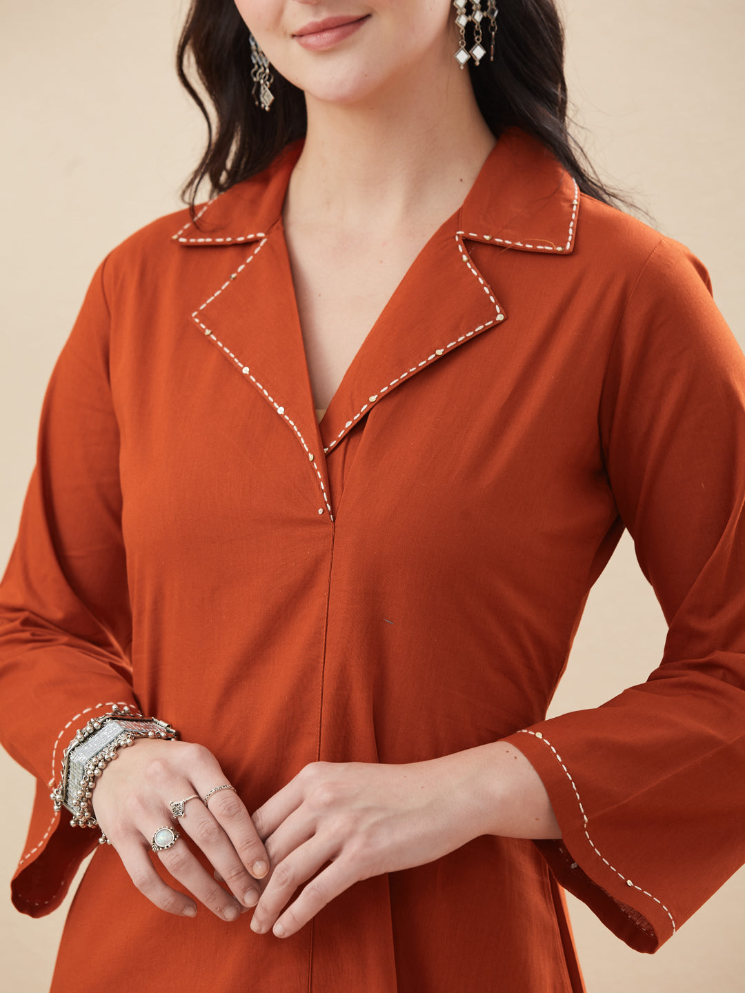 Orange Cotton Solid Handwork Kurta & Palazzo Co-Ord Set for Women