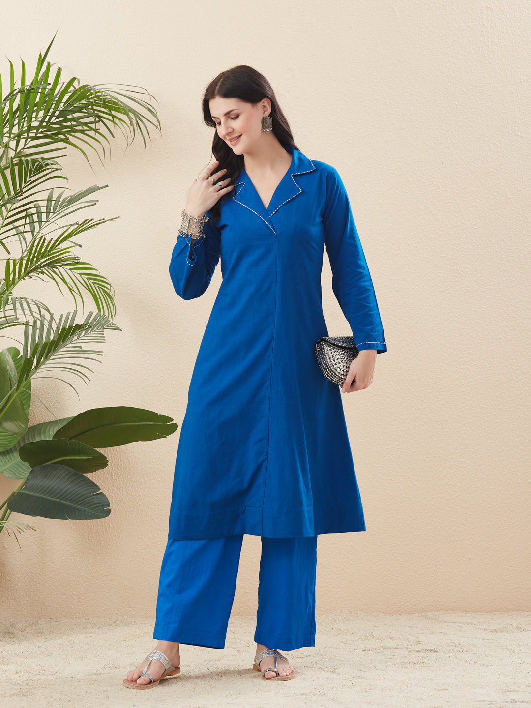 Royal Blue Cotton Solid Handwork Straight Kurta with Matching Pants Set