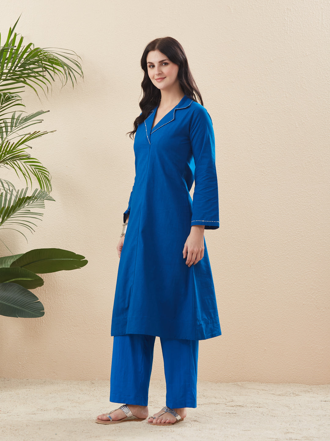 Royal Blue Cotton Solid Handwork Straight Kurta with Matching Pants Set