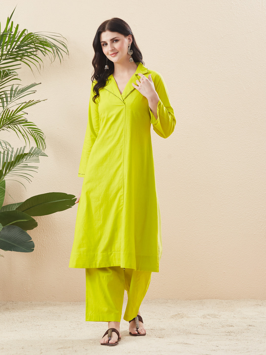 Neon Cotton Solid Handwork Kurta Set with Relaxed Fit Pants For Women