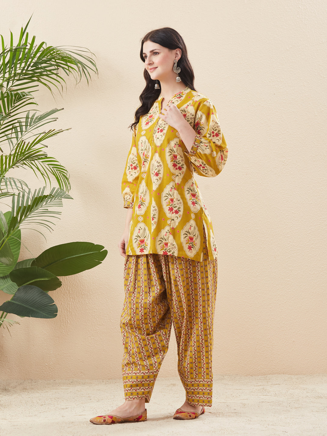Women’s Mustard Cotton Floral Printed Kurta Pant Co-Ord Set