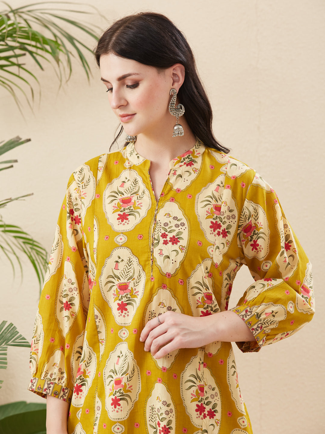 Women’s Mustard Cotton Floral Printed Kurta Pant Co-Ord Set