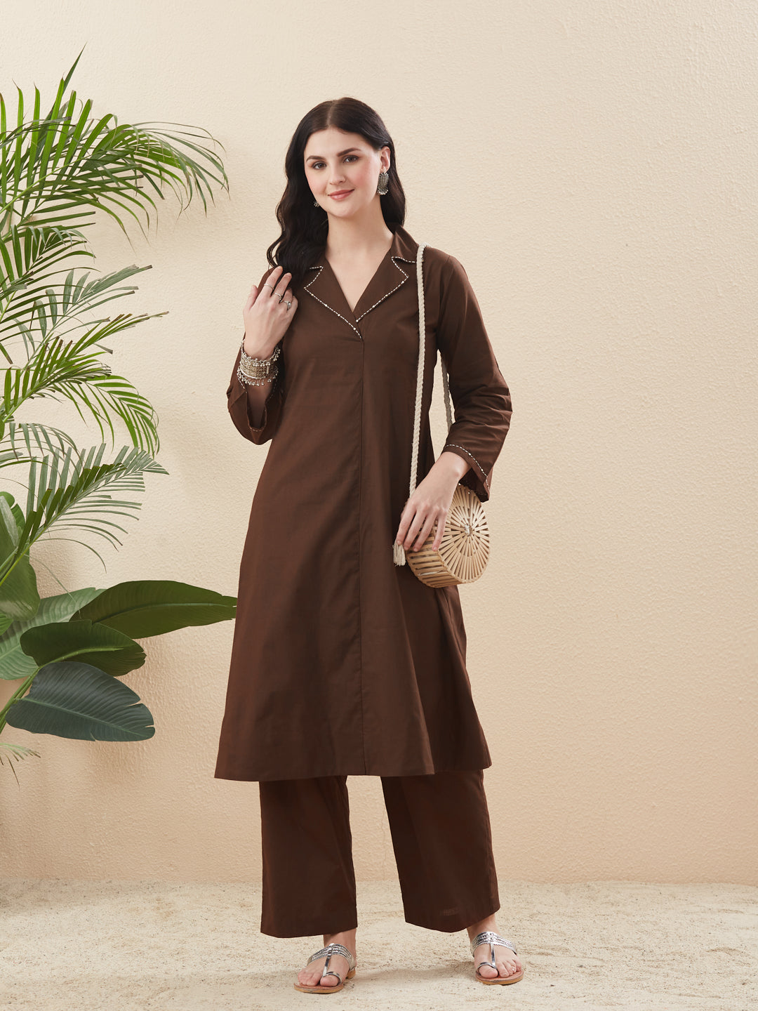 Classy Coffee Cotton Solid Handwork Co-Ord Set for Women