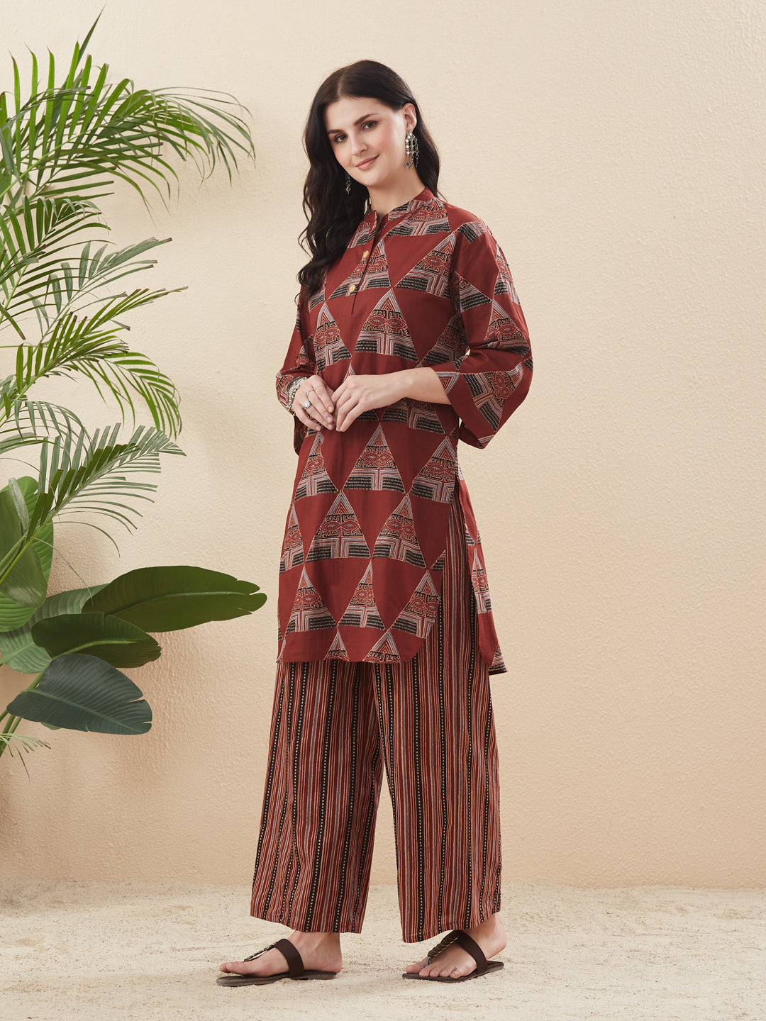 Women Red Printed Cotton Kurta with Palazzo Set