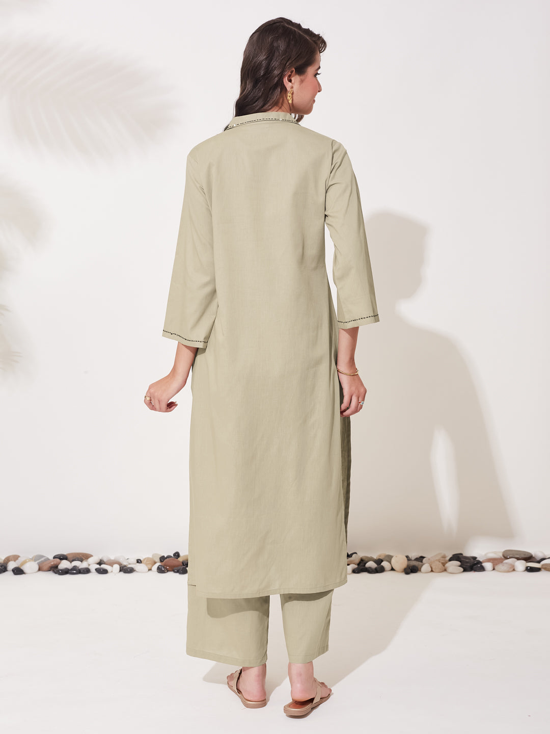 Women Light Beige Cotton Handwork Solid Kurta Co-Ord Set