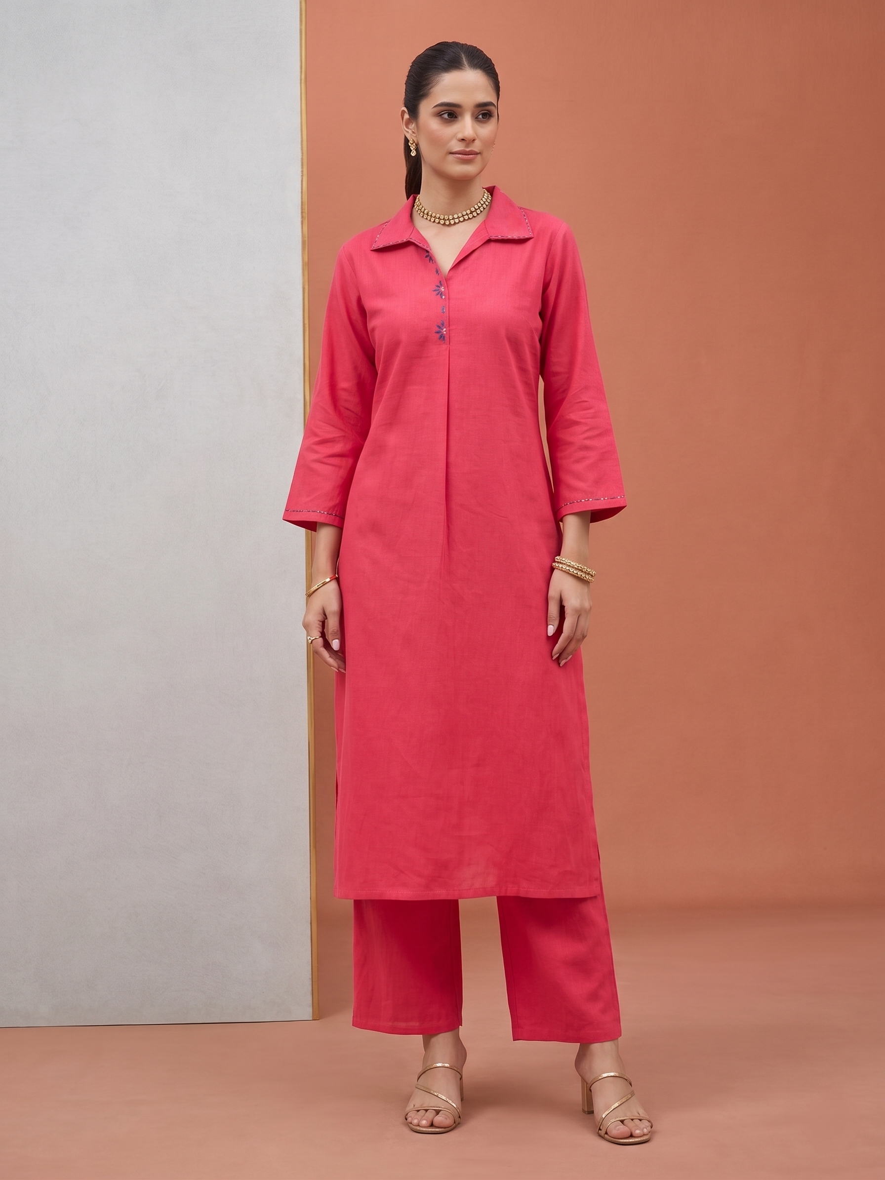 Women’s Hot Pink Cotton Handwork Solid Straight Kurta Pant Co-Ord Set