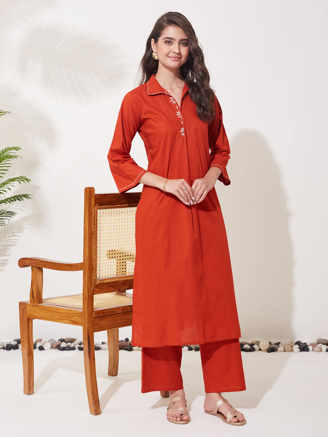 Women Rust Cotton Handwork Solid Co-Ord Set