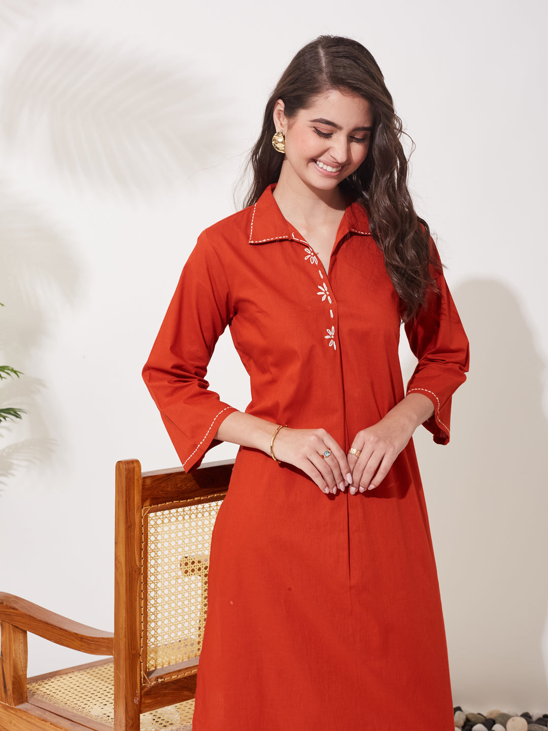 Women Rust Cotton Handwork Solid Co-Ord Set