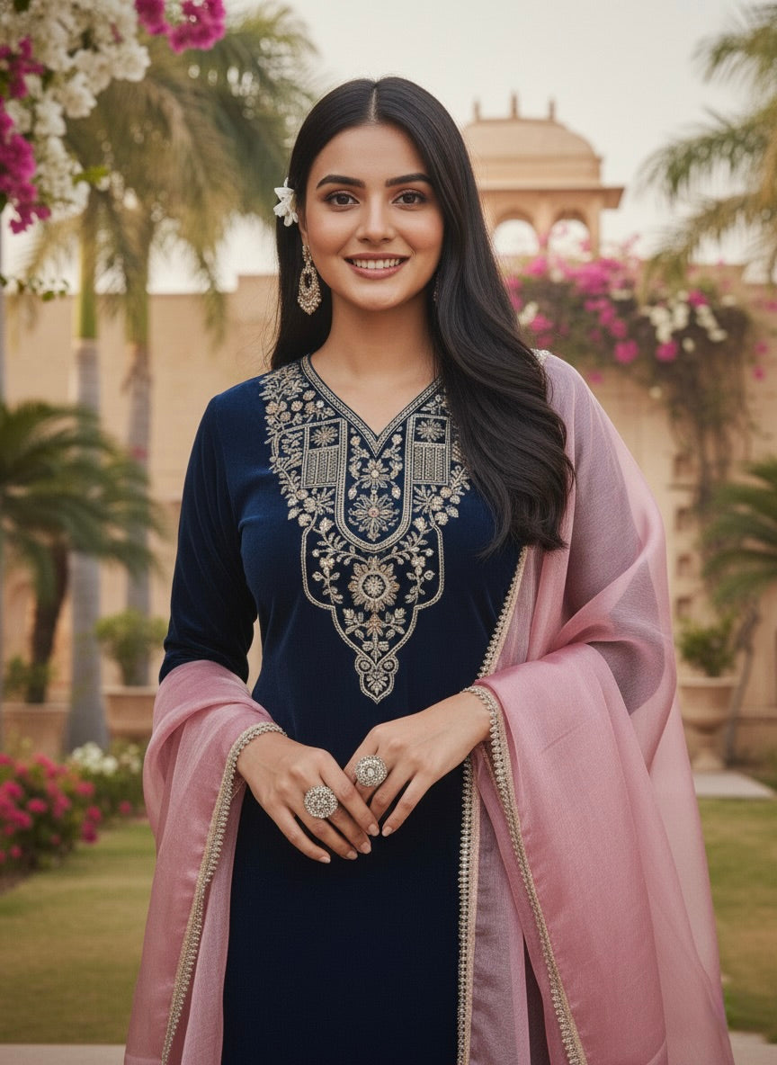 Teal Blue Velvet Embroidered Kurta with pink Dupatta | front half