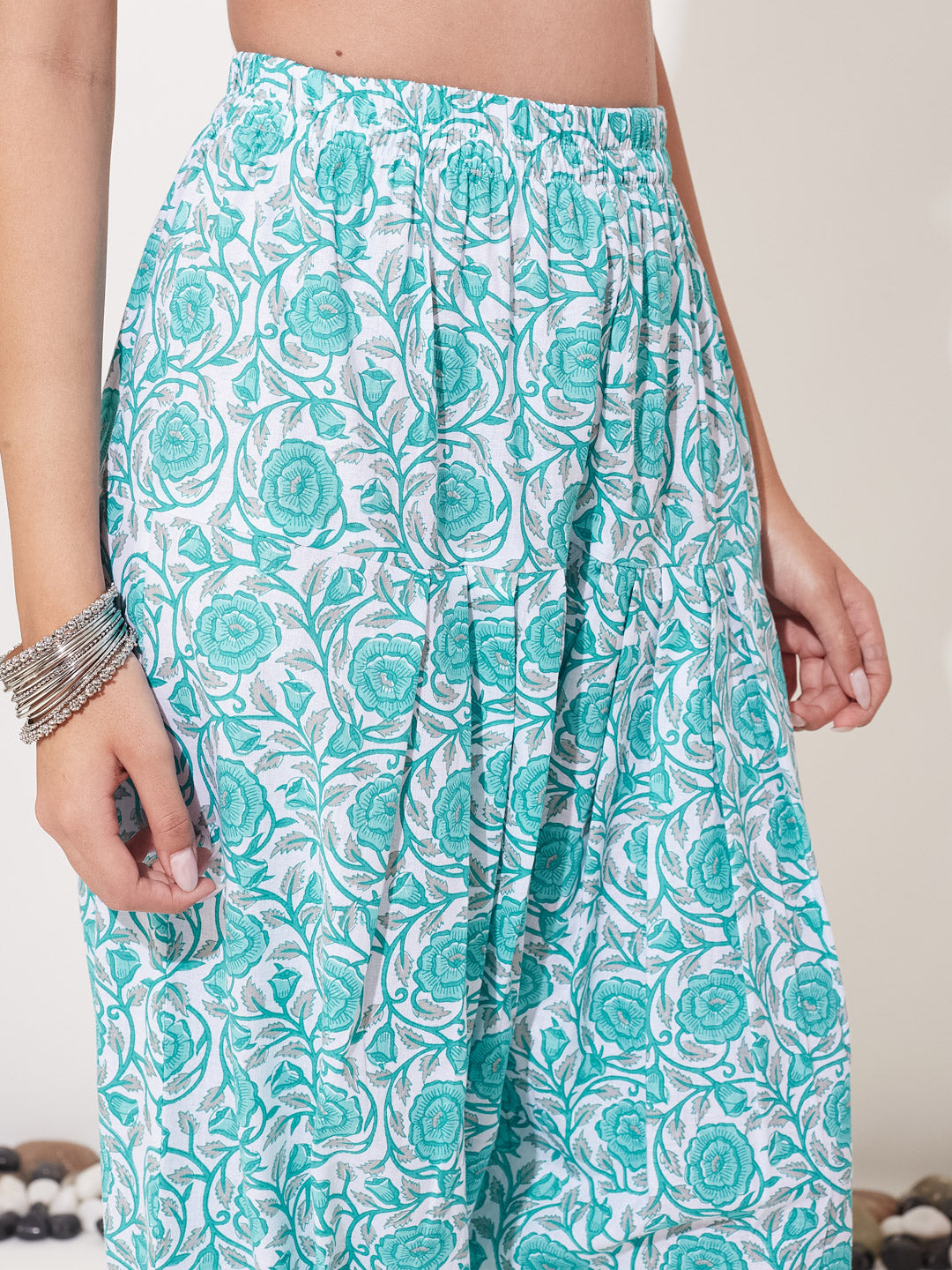 Women’s Aqua Blue Cotton Printed Kurta Palazzo Set