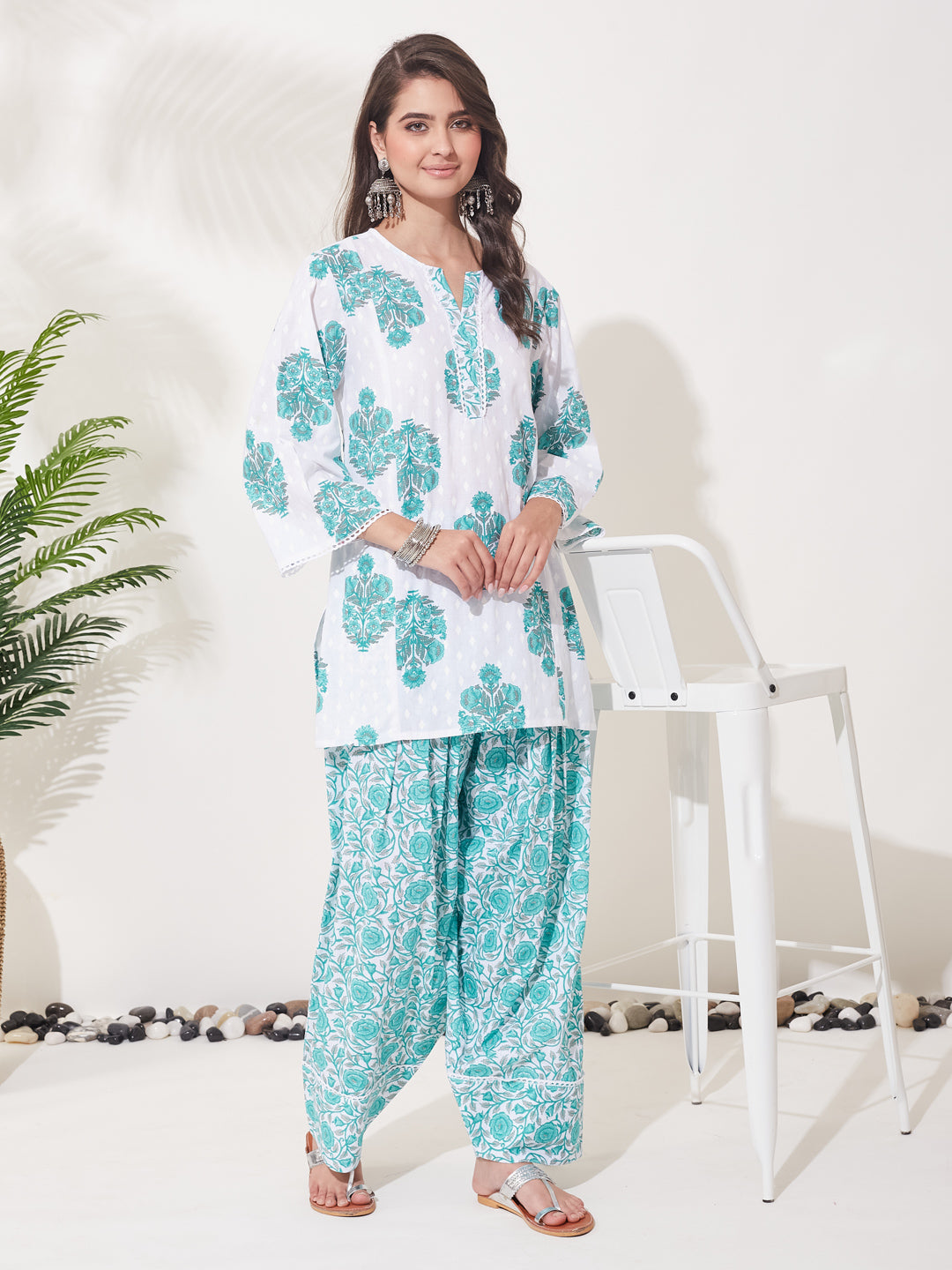 Women’s Aqua Blue Cotton Printed Kurta Palazzo Set