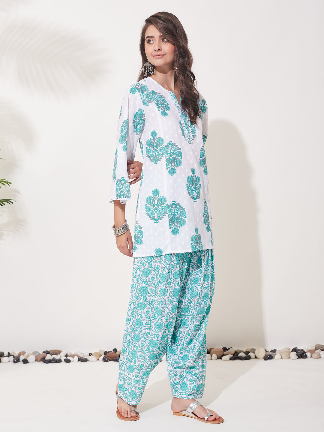 Women’s Aqua Blue Cotton Printed Kurta Palazzo Set