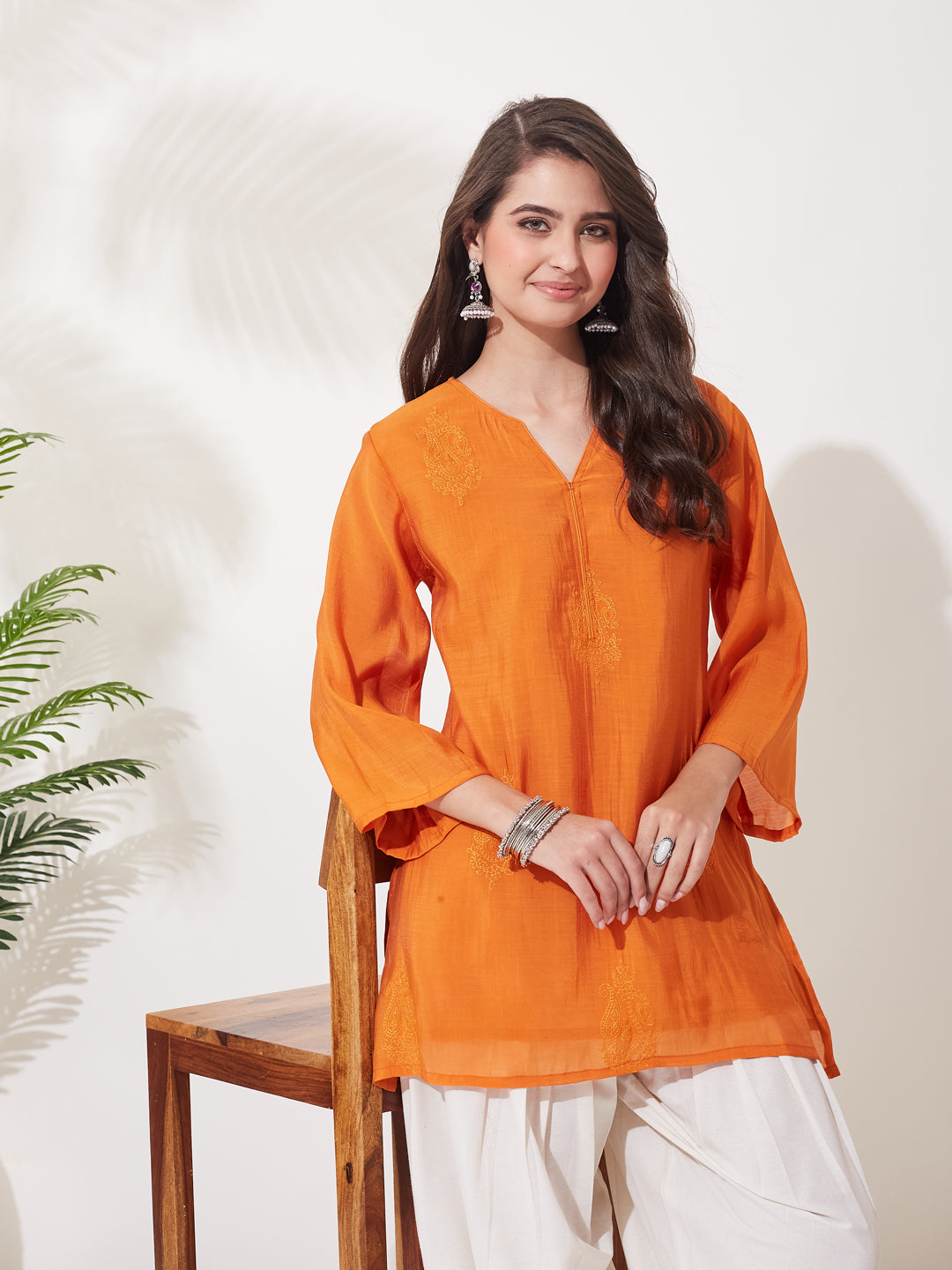 Orange Cotton Embroidered Kurta with White Salwar Pants For Women