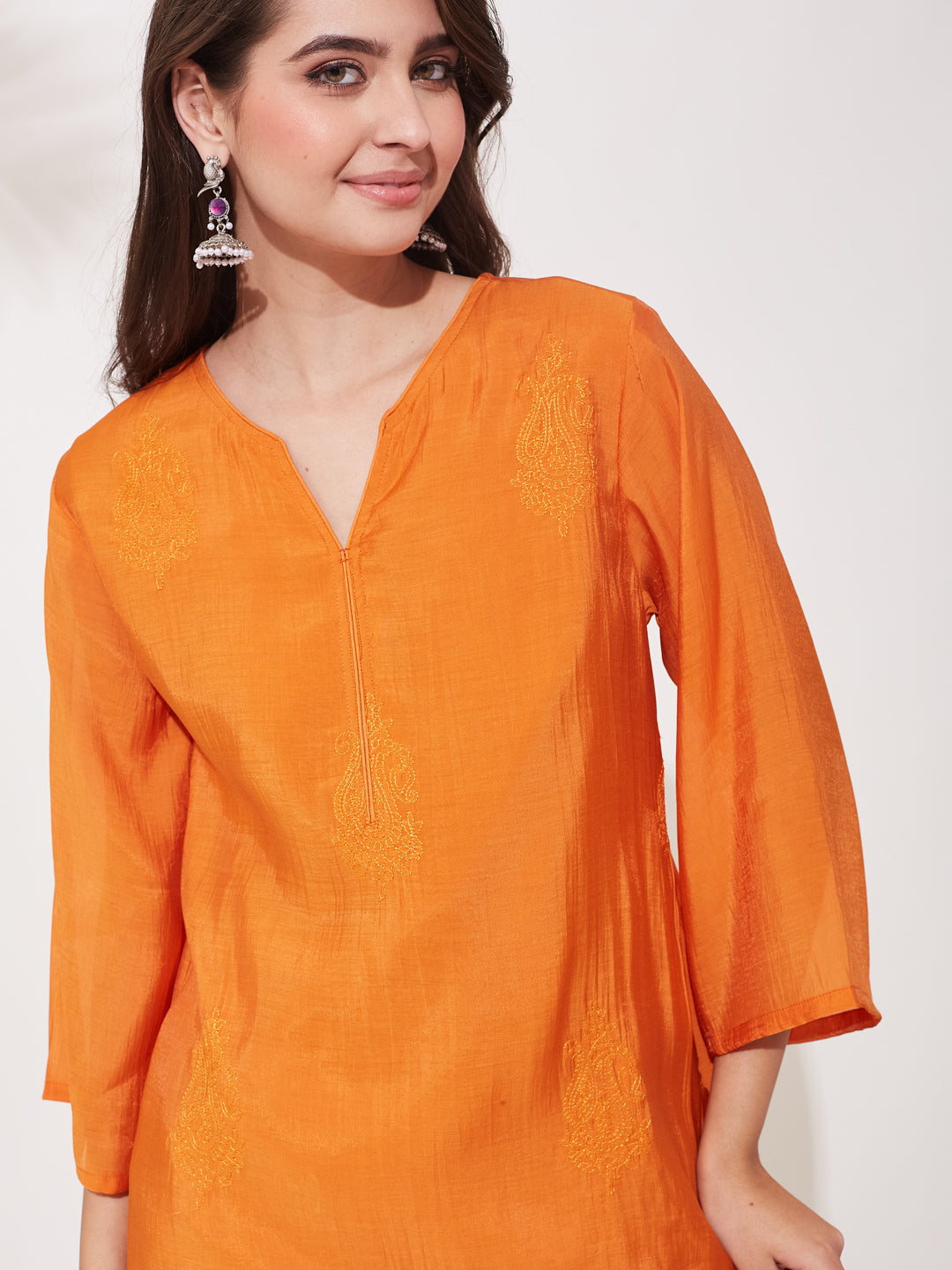 Orange Cotton Embroidered Kurta with White Salwar Pants For Women