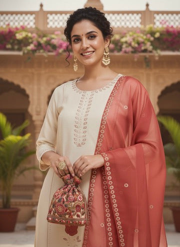 Cream Embroidered Silk Kurta with Dupatta Set