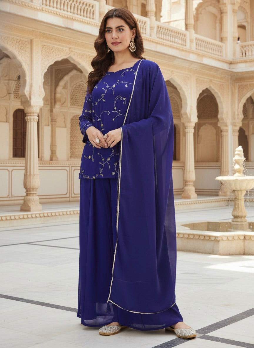 Royal Blue Embroidered Georgette Straight Suit Set With Dupatta