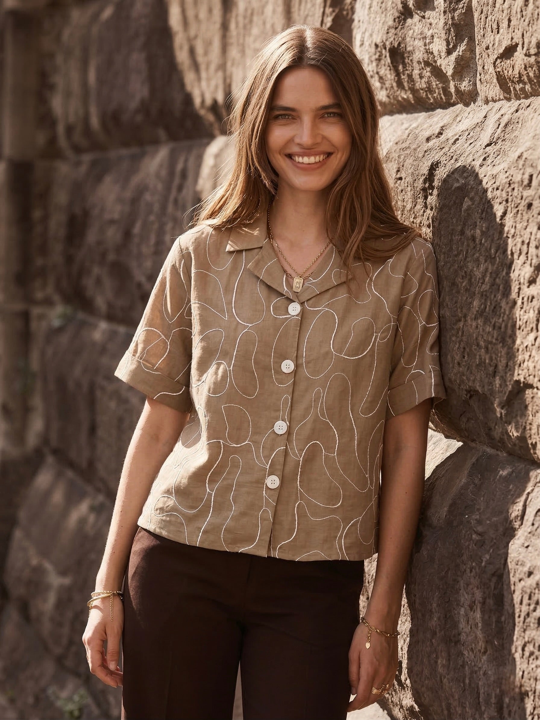 Brown Embroidered Rayon Shirt for Women