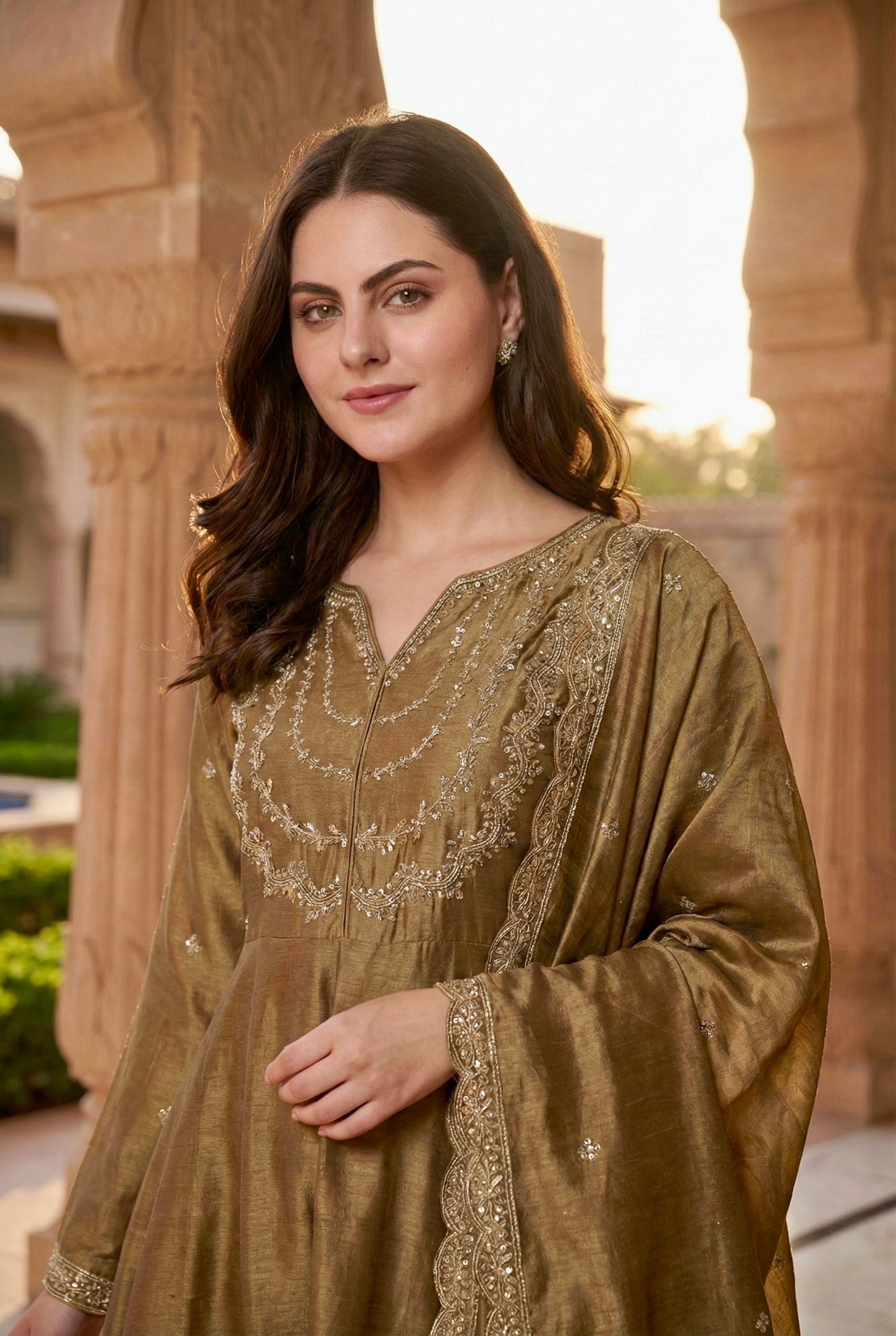 Gold Embroidered Silk Blend Anarkali Kurta With Dupatta Set