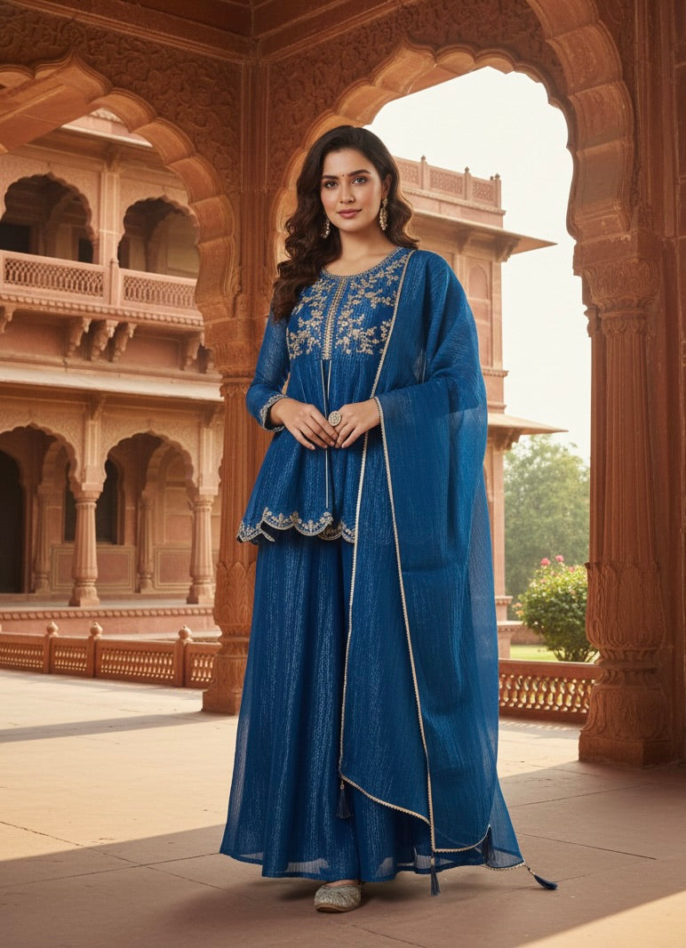 Royal Blue Silk Embroidered Top Sharara Set with Dupatta