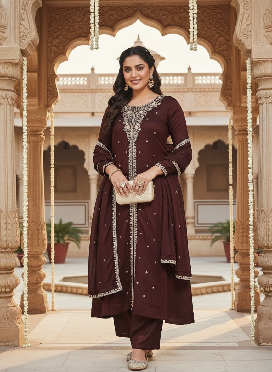 Coffee Embroidered Silk Anarkali Kurta With Dupatta Set