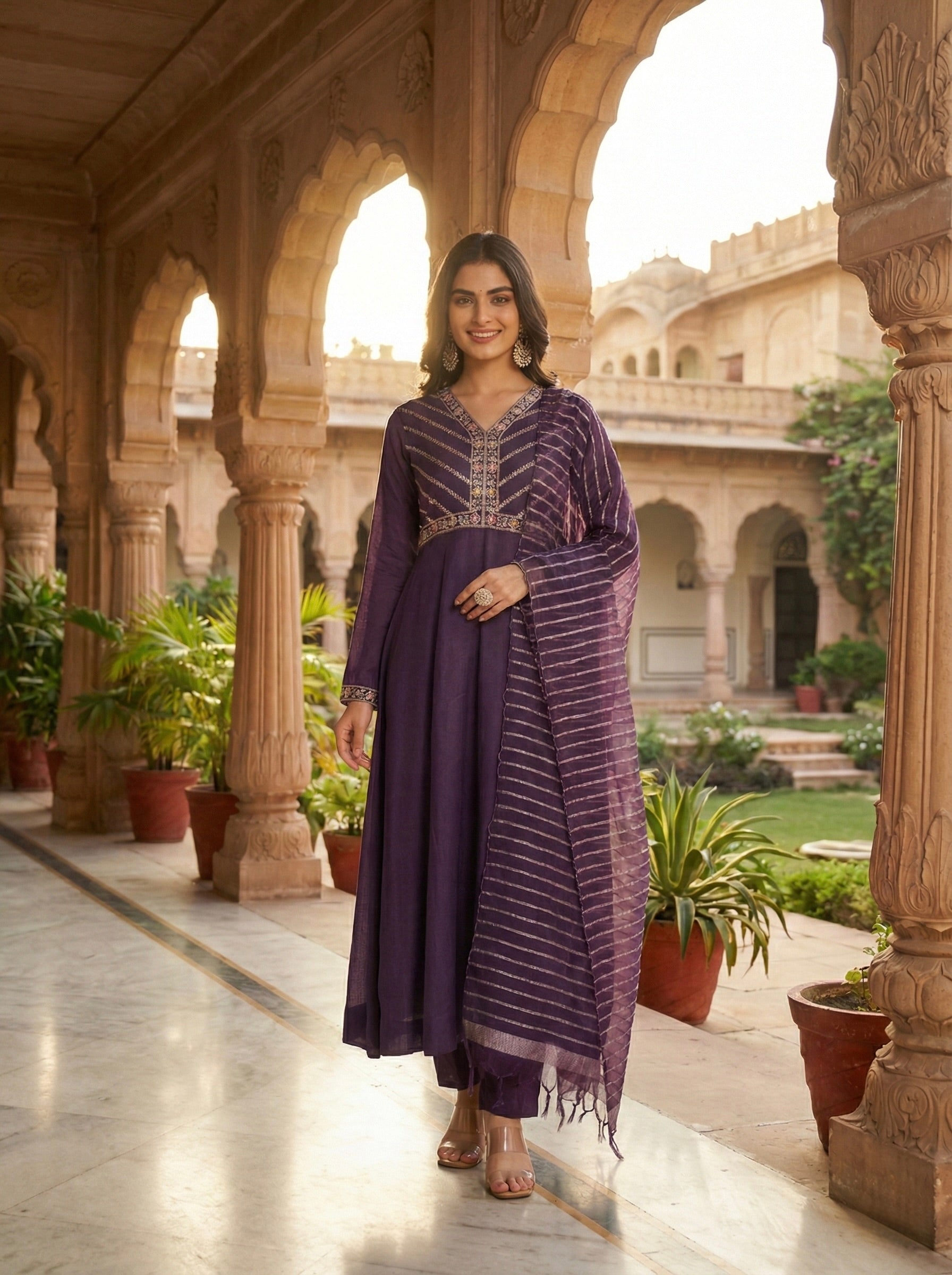 Purple Silk Embroidered Anarkali kurta with dupatta set