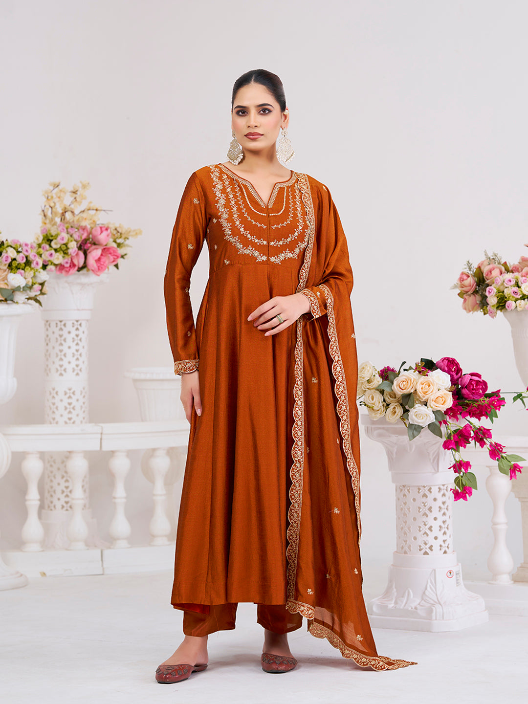 Rust Embroidered Silk Blend Anarkali Kurta With Dupatta Set